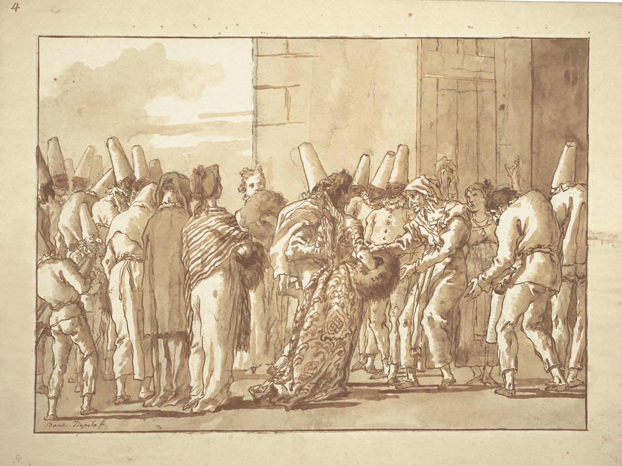 Punchinellos pai traz para casa sua noiva de Giovanni Battista Tiepolo