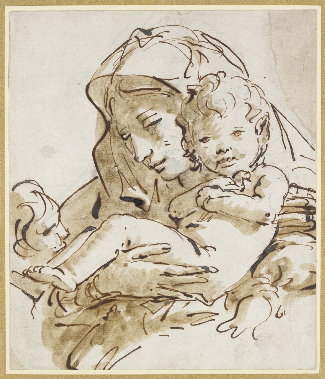 A Virgem e o Menino com o Menino São João (caneta e tinta marrom com marrom lavam giz preto sobre papel branco) de Giovanni Battista Tiepolo