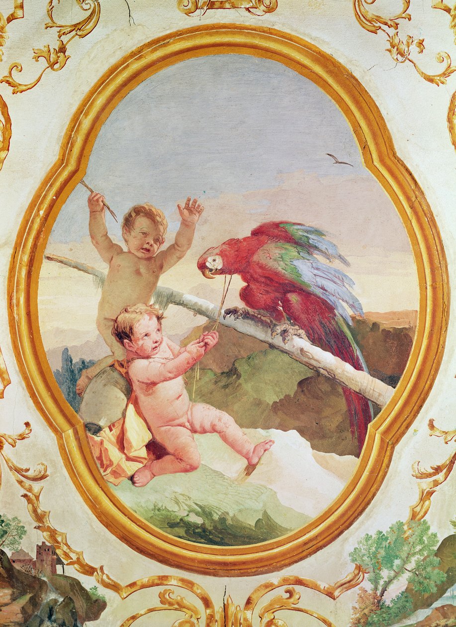 Dois putti brincando com um papagaio de Giovanni Battista Tiepolo