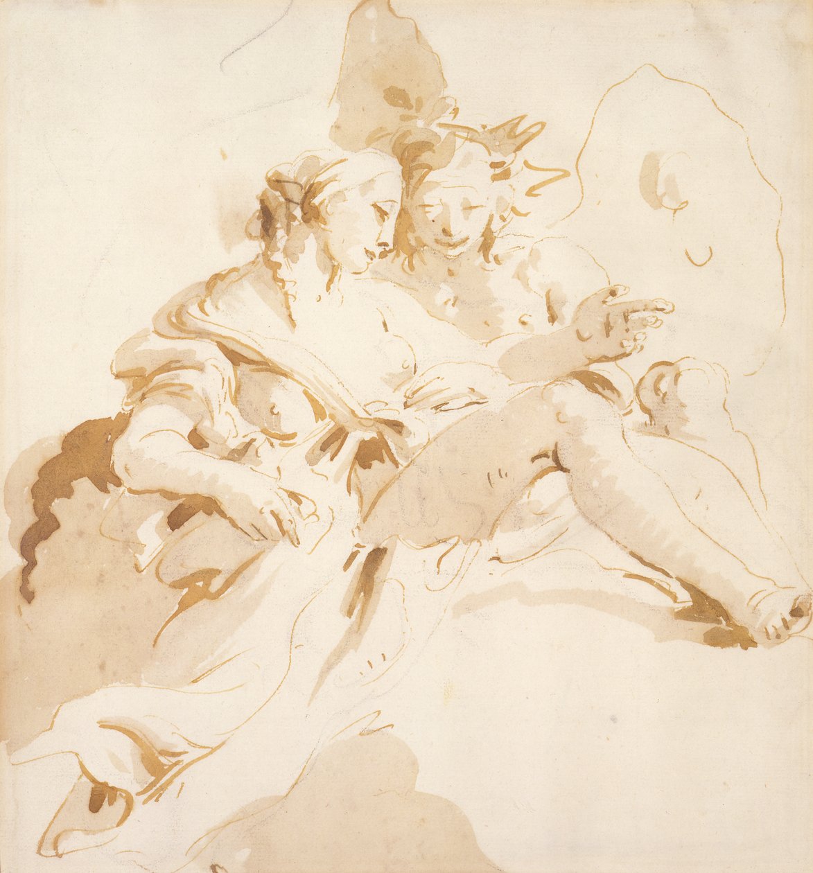 Zephyr e Flora (caneta e tinta marrom, com lavagem marrom, sobre giz preto, no papel) de Giovanni Battista Tiepolo