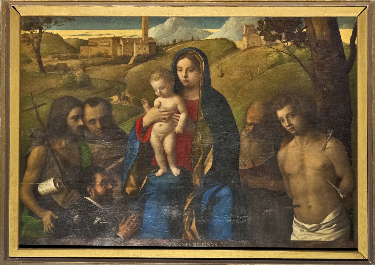Madonna e criança com quatro santos (João Batista, Francisco, Jerônimo e Sebastián (da esquerda para a direita)) e doador de Giovanni Bellini