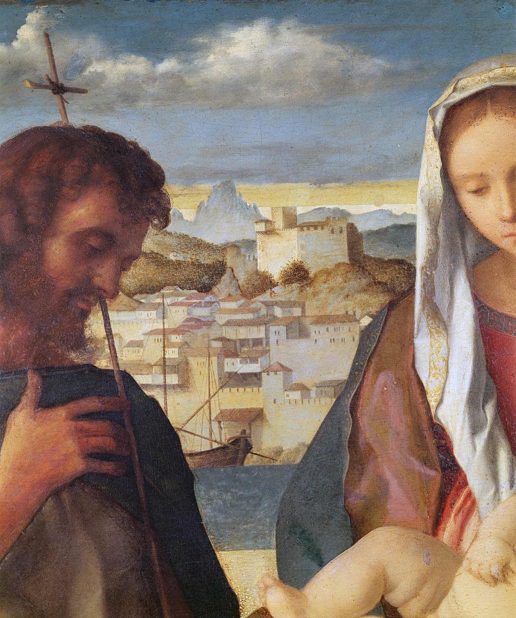 Madonna e criança com São João Batista e um santo, detalhe da cidade à beira do fundo, c.1504 (detalhe de 61025) de Giovanni Bellini