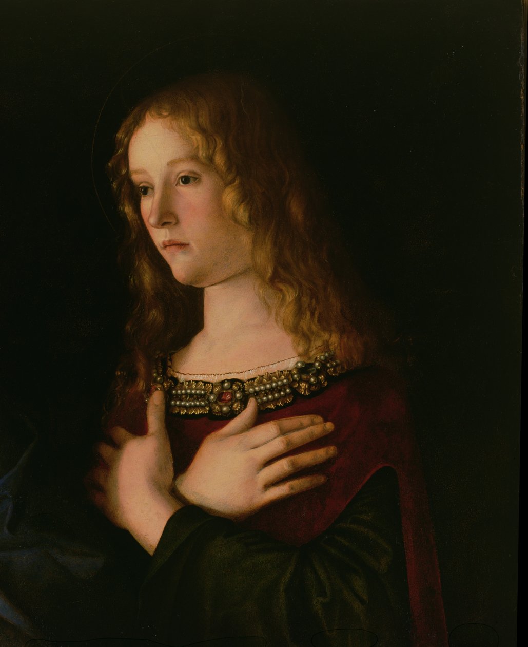 Maria Madalena, detalhe da Virgem e do Menino com Santa Catarina e Maria Madalena, c.1500 de Giovanni Bellini