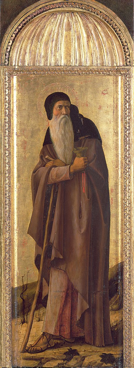 São Sebastião entre São João Batista e Santo Antão, o Abade, na eternidade da luneta e a Anunciação têmpera e folha de ouro no painel, detalhe de 165428: Santo António de Giovanni Bellini
