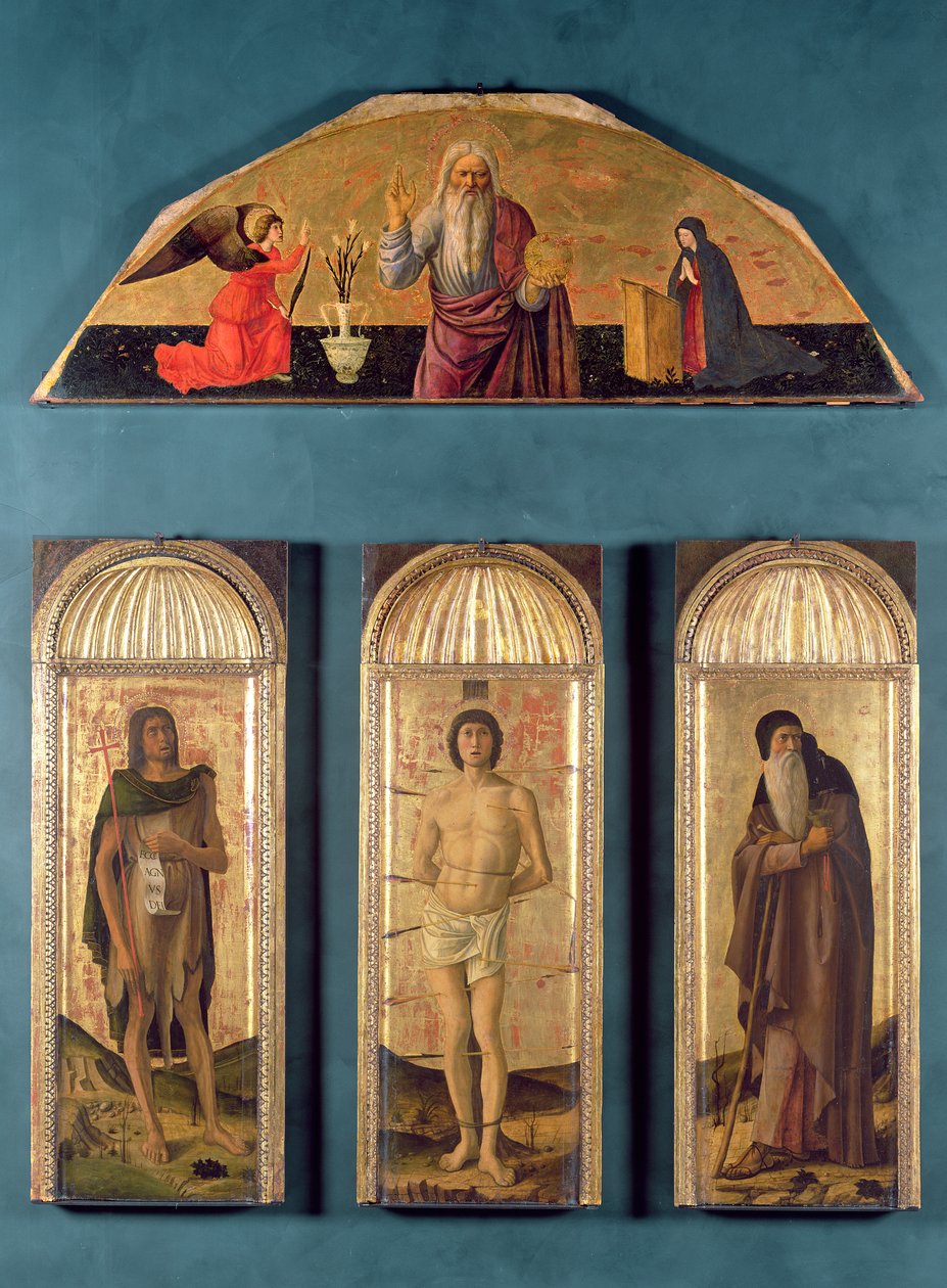 São Sebastião entre São João Batista e Santo António Abade, na eternidade da luneta e Anunciação (têmpera e folha de ouro no painel) de Giovanni Bellini