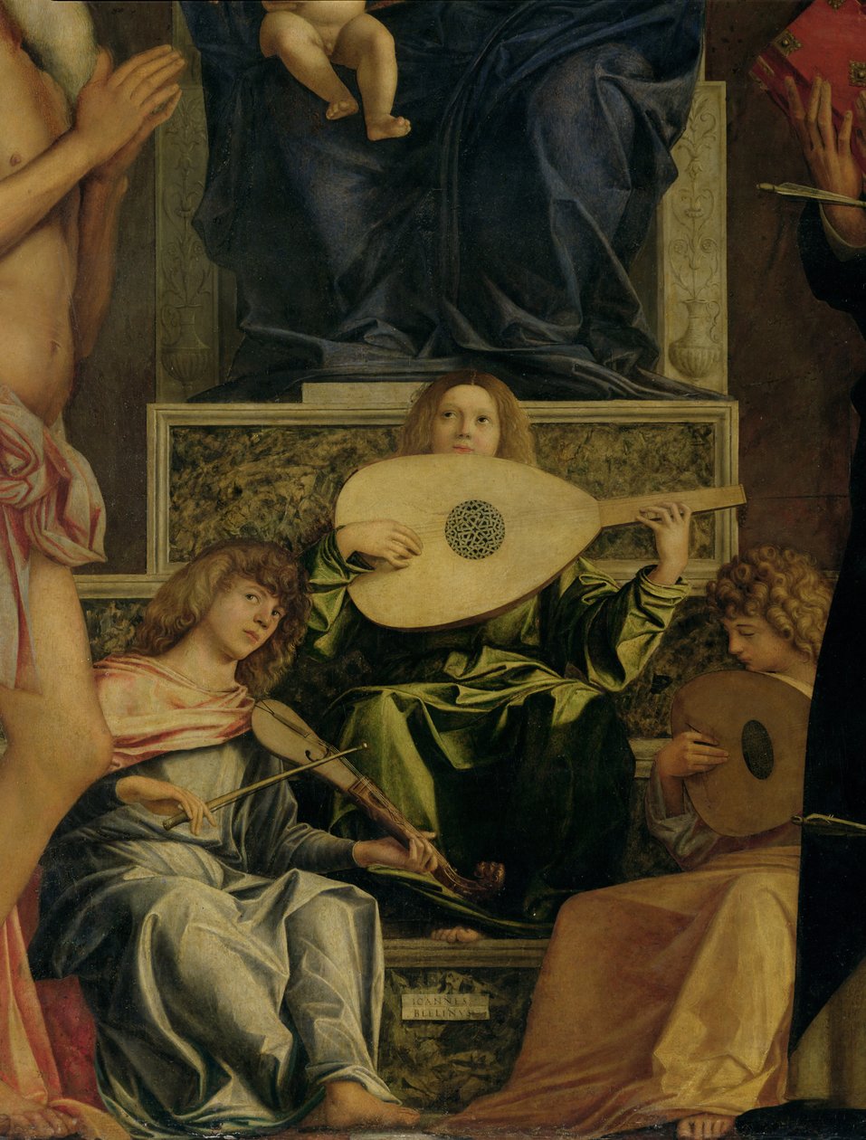 O retábulo de San Giobbe, detalhe dos anjos tocando música, c.1487 óleo no detalhe do painel de 55433 de Giovanni Bellini