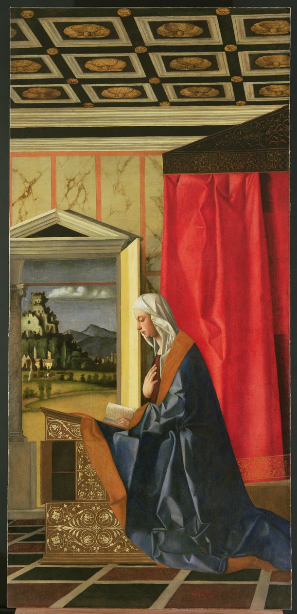 Virgem Maria, do díptico da Anunciação (restauração pós-1998) de Giovanni Bellini