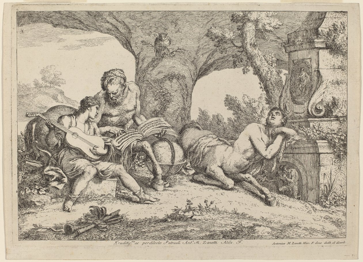 Chiron Teaching Music to Achilles, 1758 (gravura sobre papel avermelhado) de Giovanni Benedetto Castiglione
