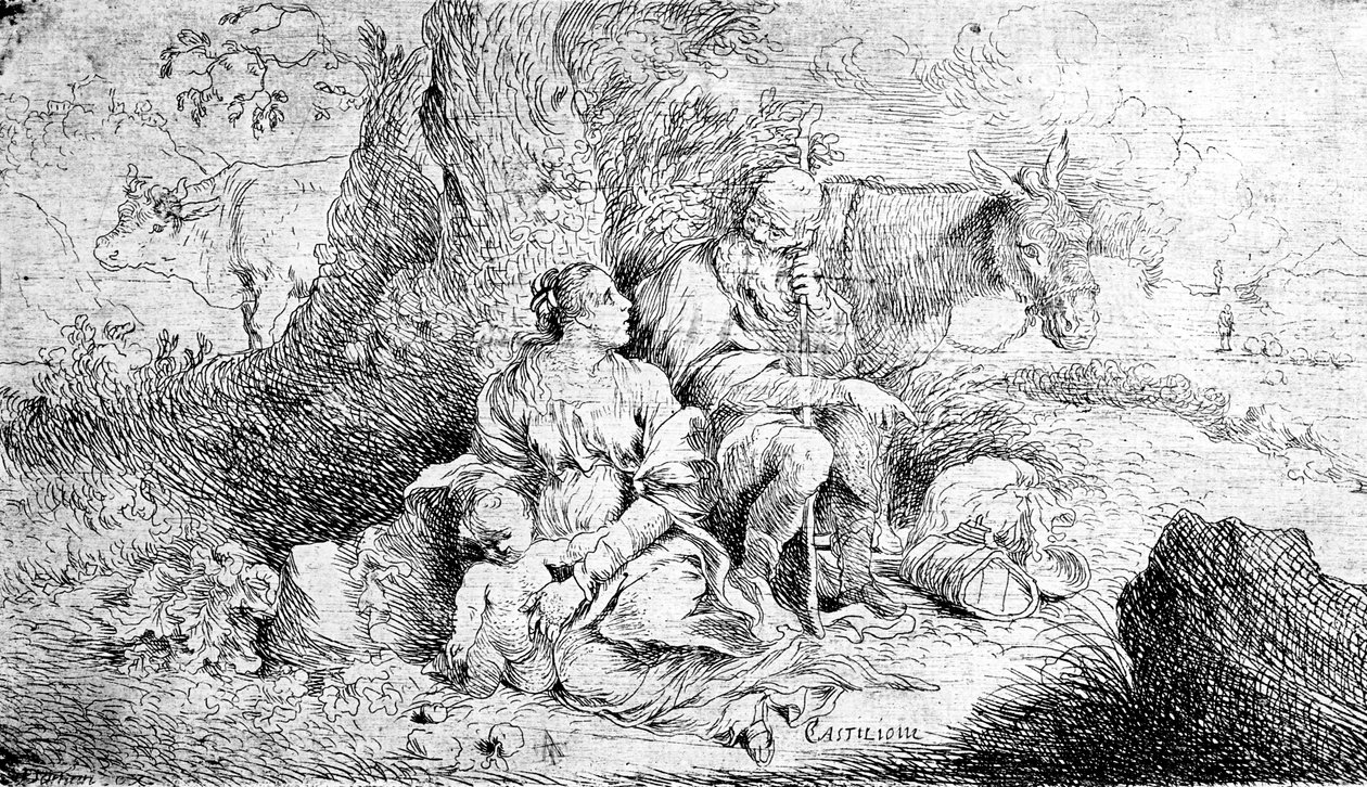 O resto da fuga para o Egito, gravado por Antonio Travi de Giovanni Benedetto Castiglione