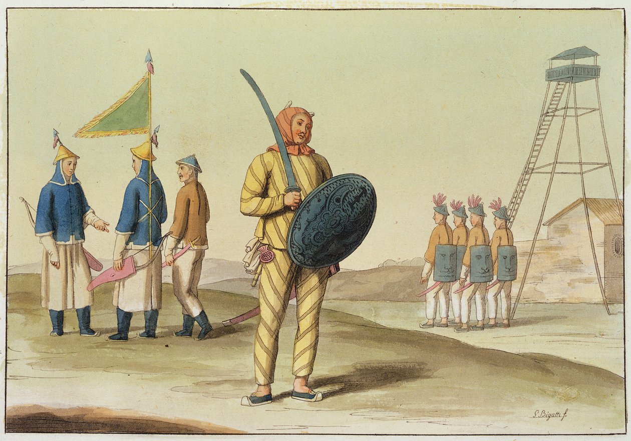 Um soldado de infantaria chinês, ilustração de "O traje antigo e moderno", de Giulio Ferrario, publicado em c.1820s-30s de Giovanni Bigatti