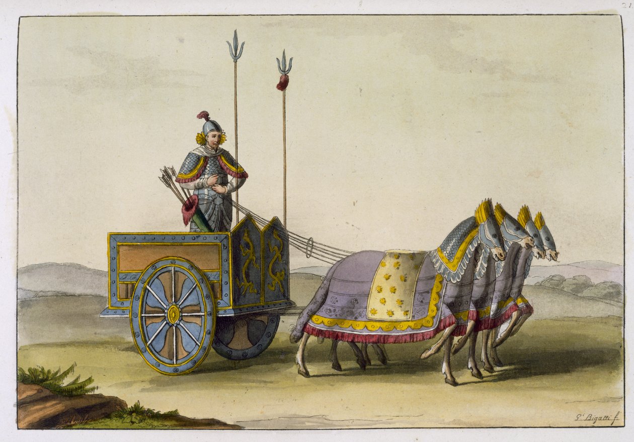 Carrinho de Guerra da China Antiga, de &39;The Ancient and Modern Costume&39; de Jules Ferarrio, publicado c.1820s-30s de Giovanni Bigatti
