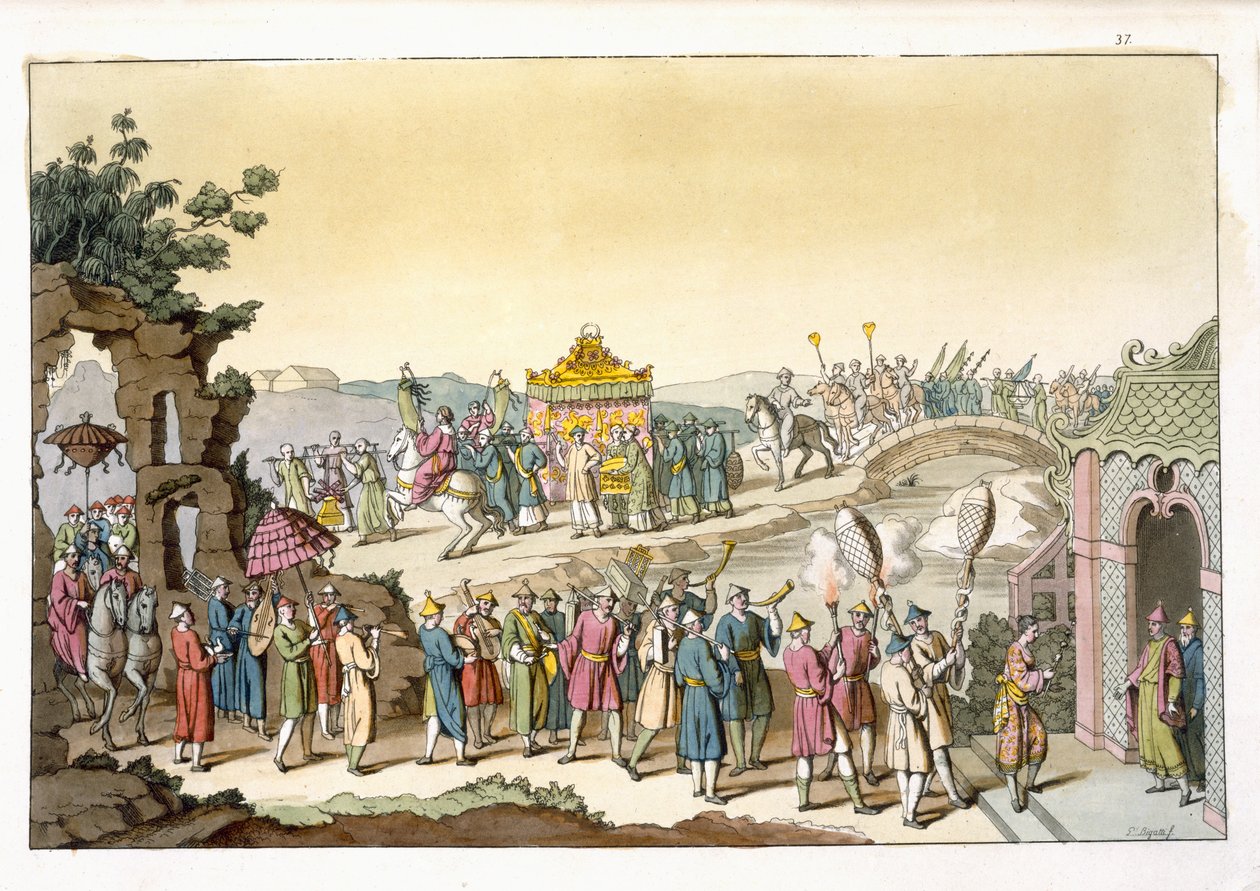 Procissão para um casamento tradicional taoísta, ilustração de &39;Le Costume Ancien et Moderne&39;, de Giulio Ferrario, publicada em c.1820s-30s de Giovanni Bigatti