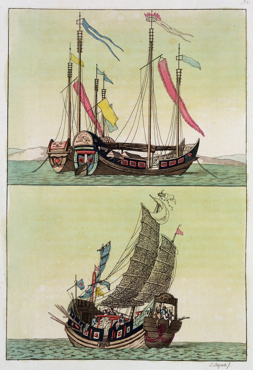 Dois tipos de lixo chinês, ilustração de "Le Costume Ancien et Moderne", de Giulio Ferrario, publicado em c.1820s-30s de Giovanni Bigatti