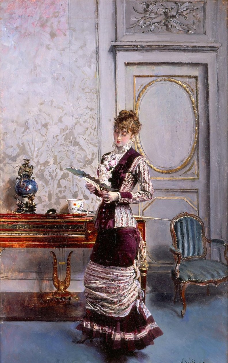 Lady Admirando e FannPolski: Berthe, olhando para o fã Spispanol: Berthe che guarda un ventaglion de Giovanni Boldini