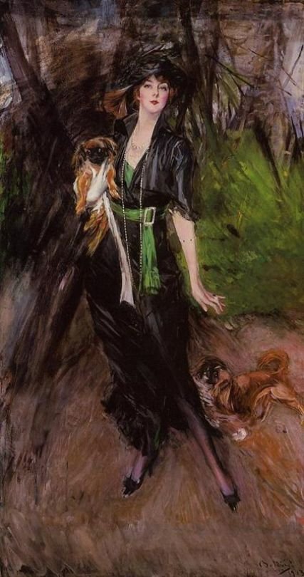 Retrato de Lady Lina Bilitis com dois PekinesenDeutsch: Retrato da Senhora Lina Bilitis com o PekingesennPolski: Retrato da Senhora Lina Bilitis com dois pekinczykamin de Giovanni Boldini