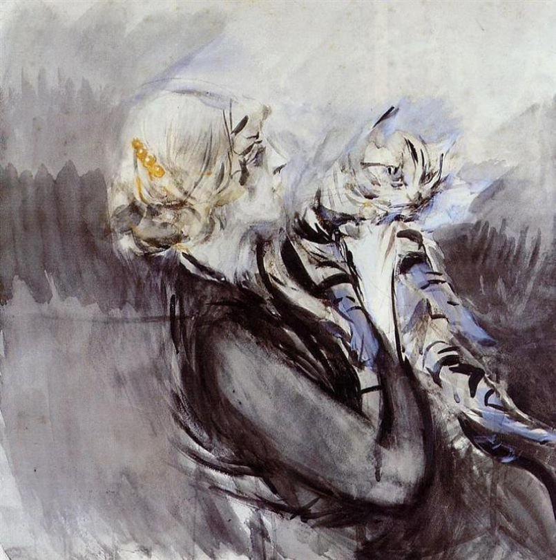 The Lady with a CatnGerman: Mulher com gatos Polski: Kobieta w kotemn de Giovanni Boldini