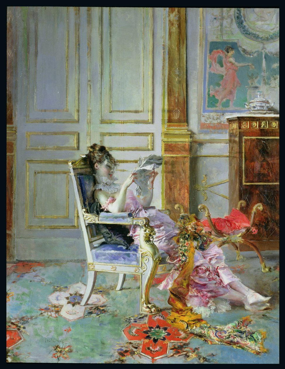 Menina lendo em um salão de beleza, 1876 de Giovanni Boldini
