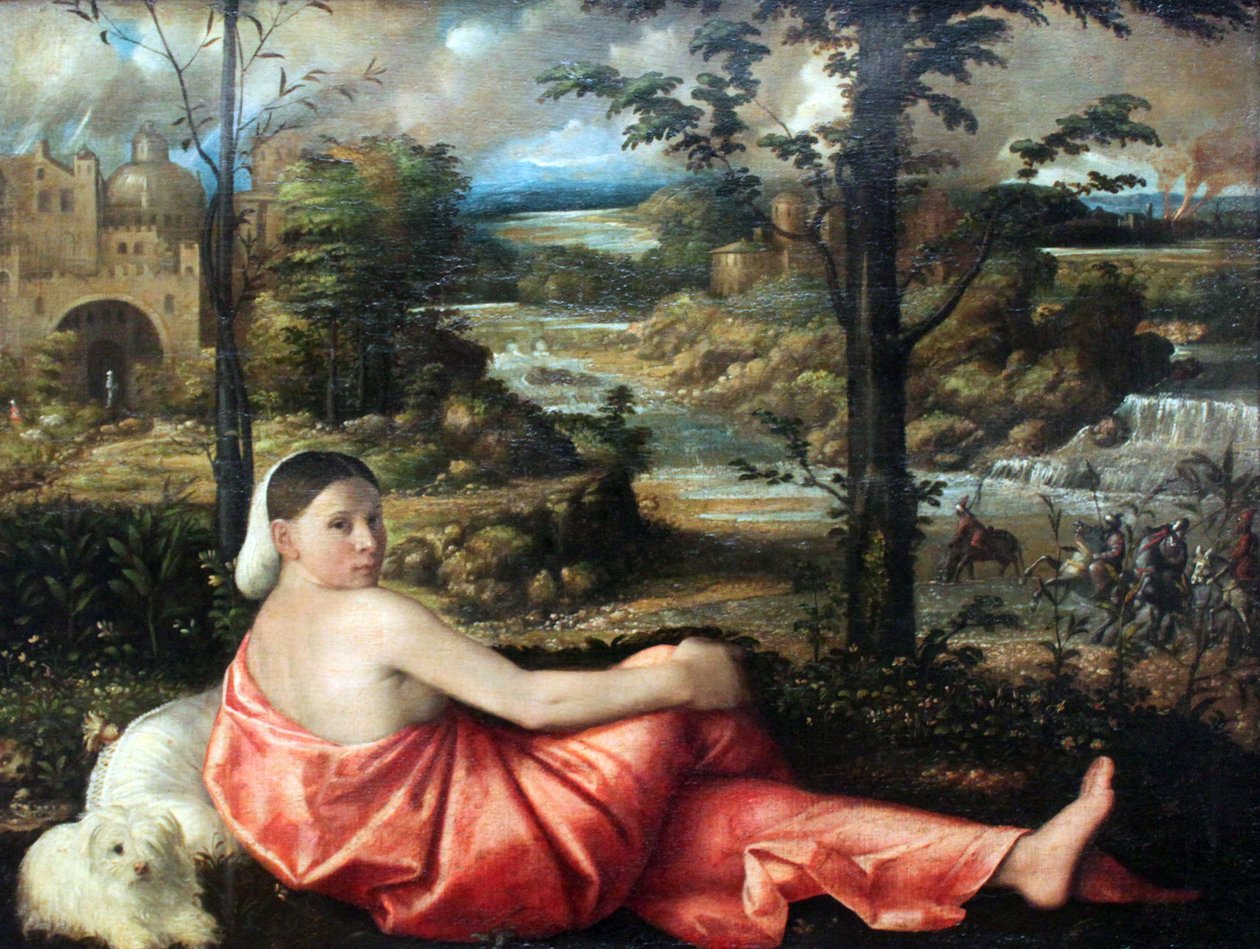 Retrato de uma jovem mulher descansando em uma paisagem de Giovanni de Busi Cariani