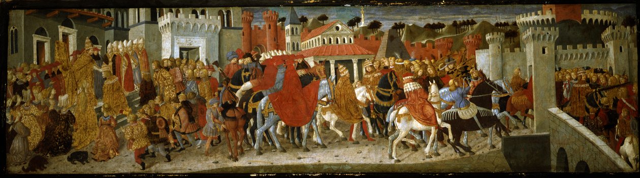 Cenas da coroação do imperador Frederico III em Roma (têmpera no painel) de Giovanni Di Ser Giovanni Guidi