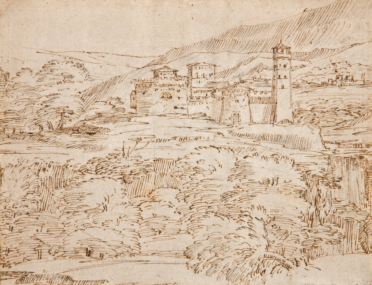 Uma paisagem com um castelo acima de um cinturão de árvores de Giovanni F. Grimaldi