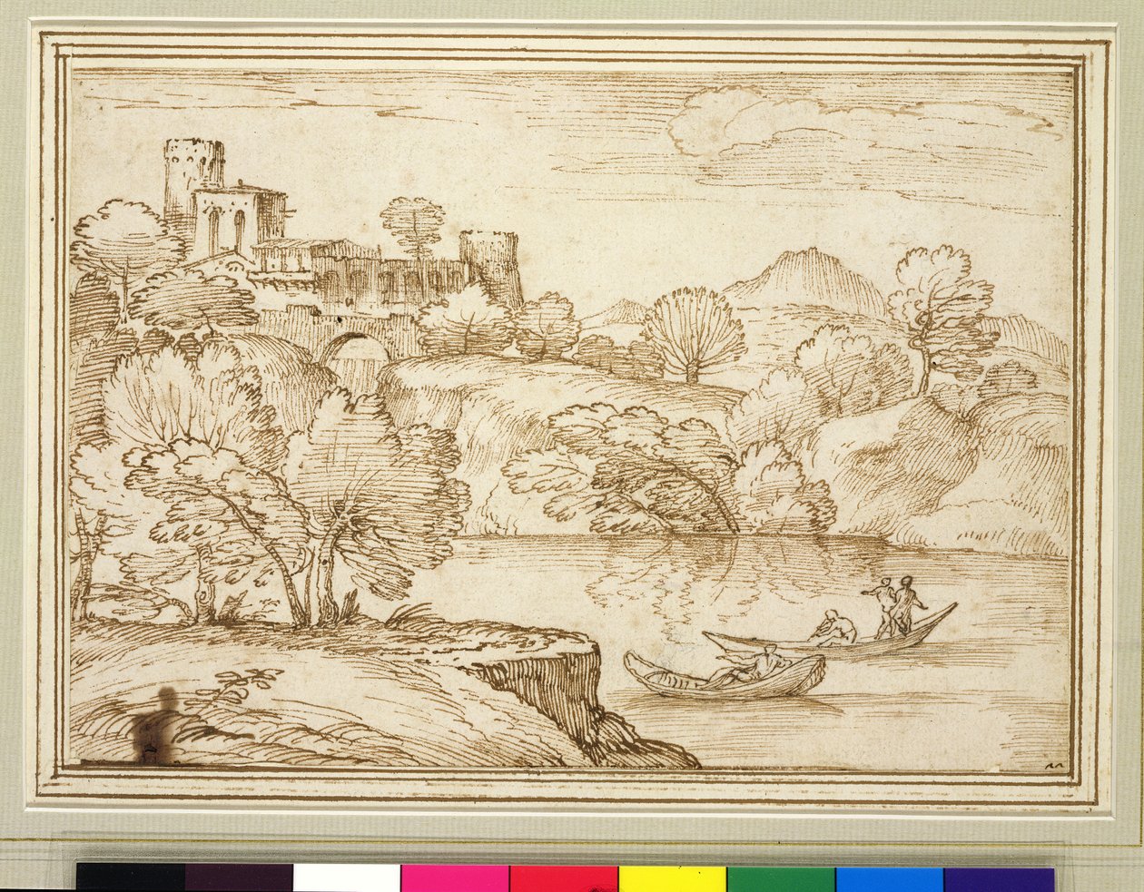 Paisagem clássica com barcos em um lago abaixo de um castelo (giz preto, tinta und caneta marrom no papel) de Giovanni F. Grimaldi