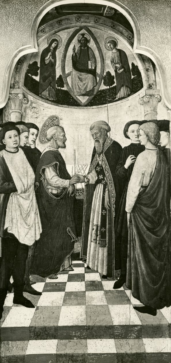 Ciclo da Vida da Virgem, Consagração da Virgem no Templo, c.1445 óleo no poplar painel bw foto de Giovanni Francesco da Rimini