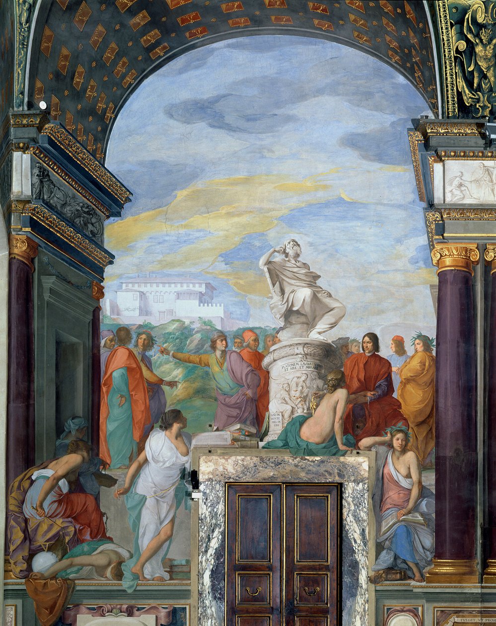 Lorenzo de &39;Medici (1449-92) rodeado de artistas, por uma estátua de Platão de Giovanni Mannozzi