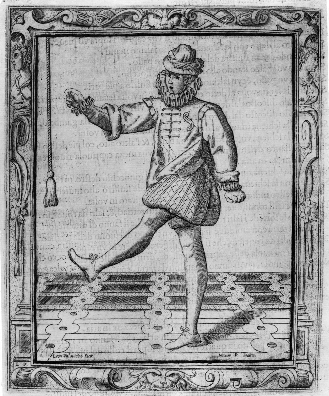 Dançarino da corte, ilustração de &39;Nuvone inventioni di balli&39; por Cesare Negri, impressão feita por Leon Pallavicino, publicado 1604 de Giovanni Mauro della Rovere