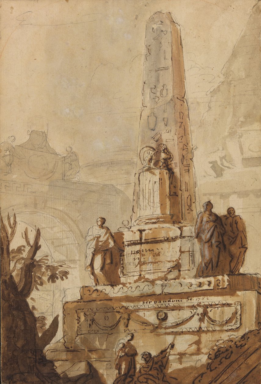 Obelisco egípcio em uma paisagem com ruínas, um arco e uma pirâmide de Giovanni Niccolo Servandoni