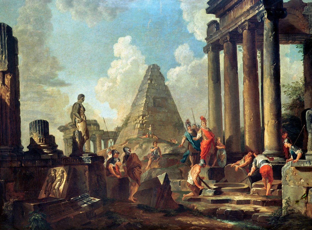 Alexandre III (356-323 aC), o Grande antes do túmulo de Aquiles de Giovanni Paolo Pannini