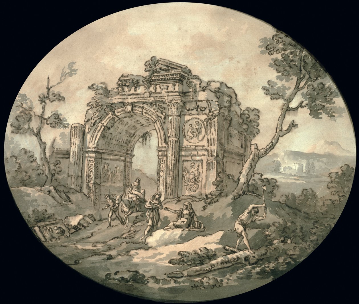 Ruínas Arquitetônicas (tinta indiana, caneta e sépia no papel) de Giovanni Paolo Pannini