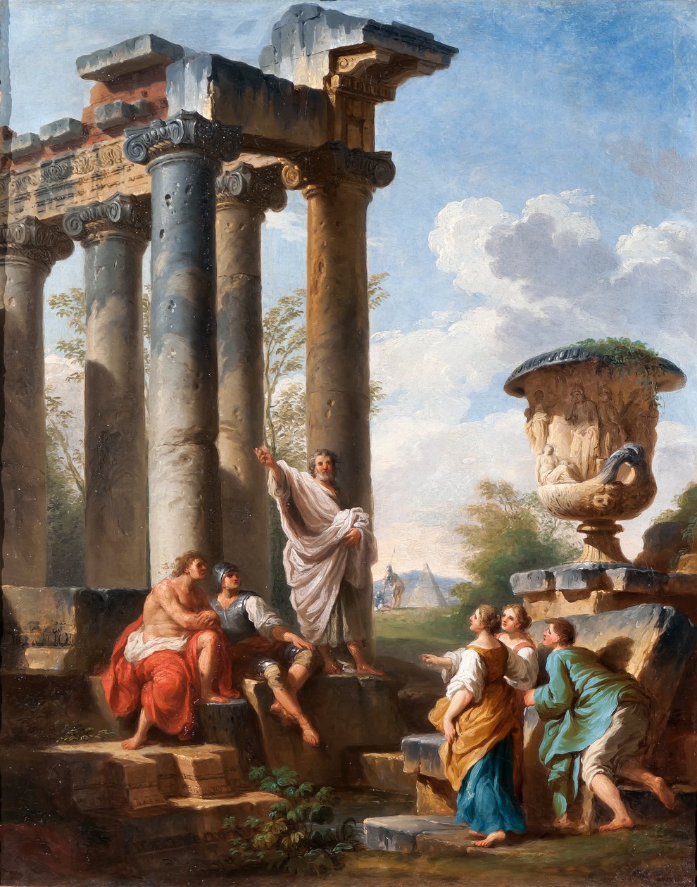 Capriccio com a pregação de um santo, o vaso Medici, um templo em ruínas e a pirâmide de Céstio, c.1745 de Giovanni Paolo Pannini