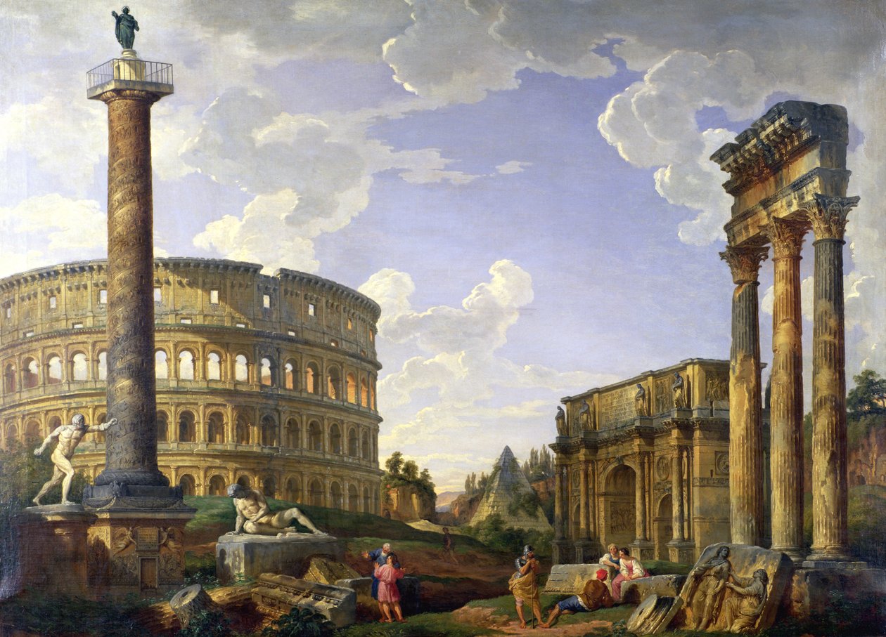 Capricho Romano Mostrando o Coliseu, Guerreiro Borghese, Coluna de Trajano, o Galo Agonizante, Tumba de Cestius, Arco de Constantino e o Templo de Castor e Pólux de Giovanni Paolo Pannini