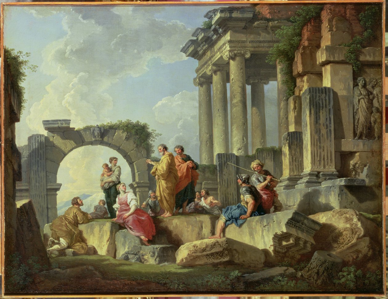 Ruínas com o apóstolo Paulo pregando, 1744 de Giovanni Paolo Pannini