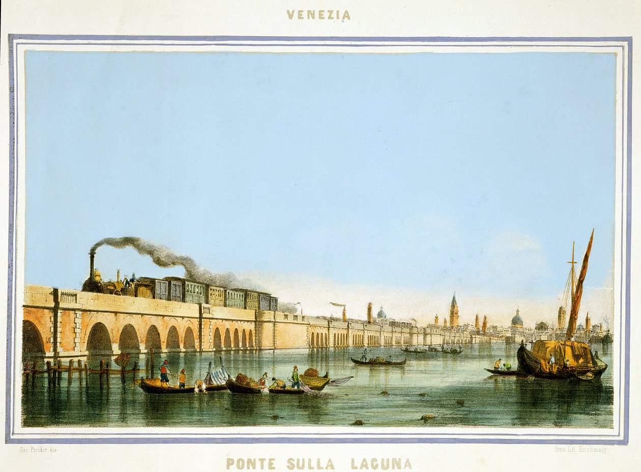 Ponte sobre a lagoa, de &39;Vistas dos principais monumentos de Veneza&39;, publicada em c.1850 (litografia colorida à mão) de Giovanni Pividor