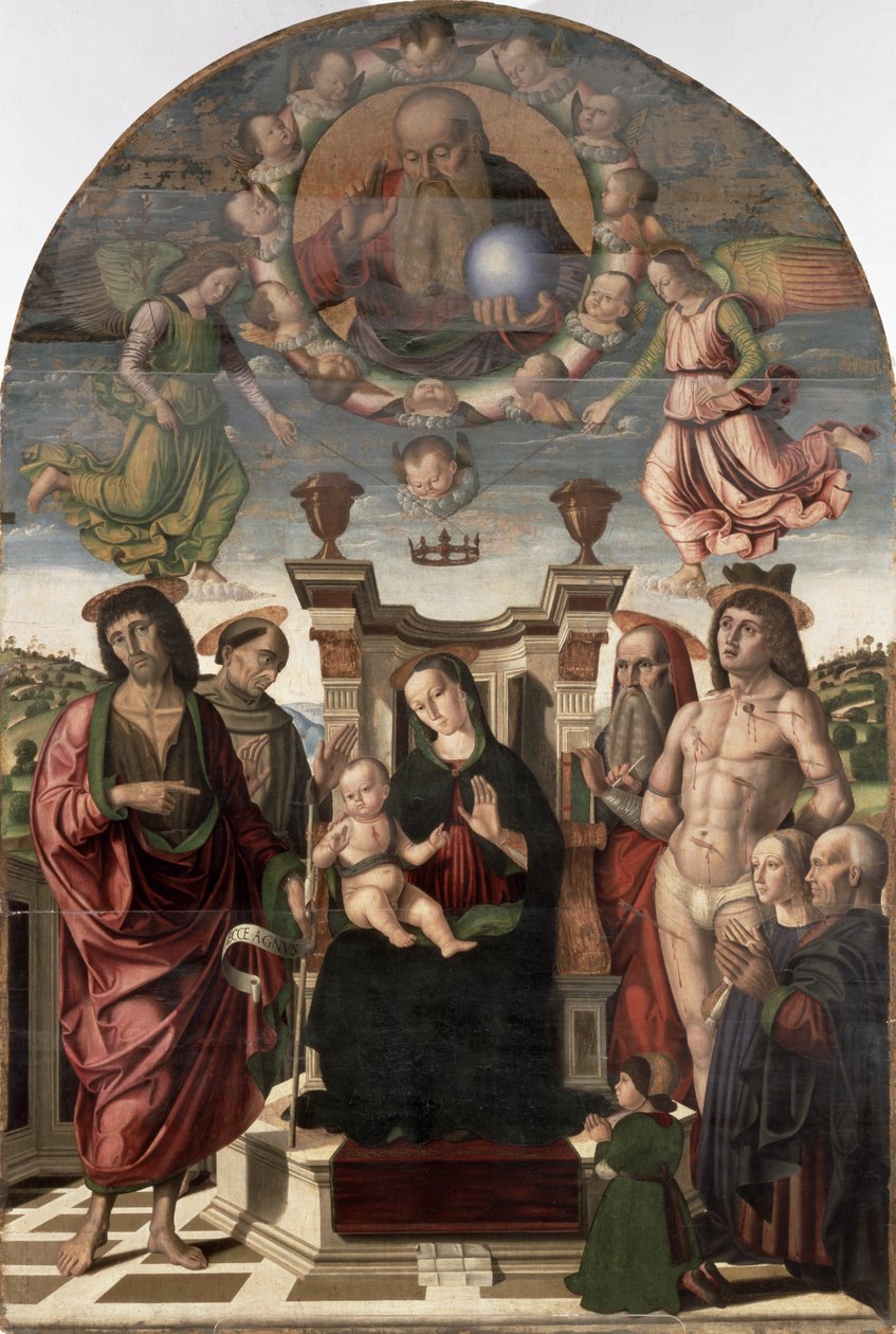 Madonna e criança entronizados com santos de Giovanni Santi or Sanzio