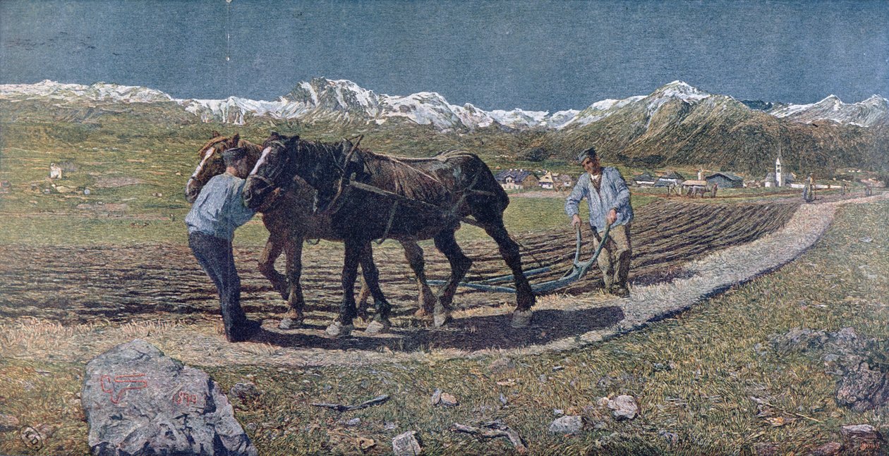Camponeses arando um campo no norte da Itália, ilustração da revista &39;Allemand Jugend&39;. 1879 de Giovanni Segantini