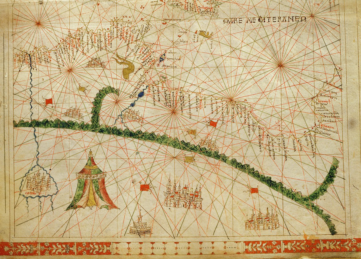 Norte da África, de um atlas náutico, 1520 (tinta aveludada) (detalhe de 330916) de Giovanni Xenodocus da Corfu