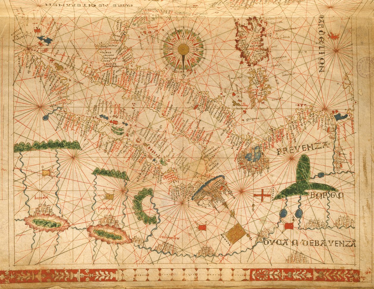 Provença e Itália, de um atlas náutico, 1520 (tinta aveludada) (detalhe de 330915) de Giovanni Xenodocus da Corfu