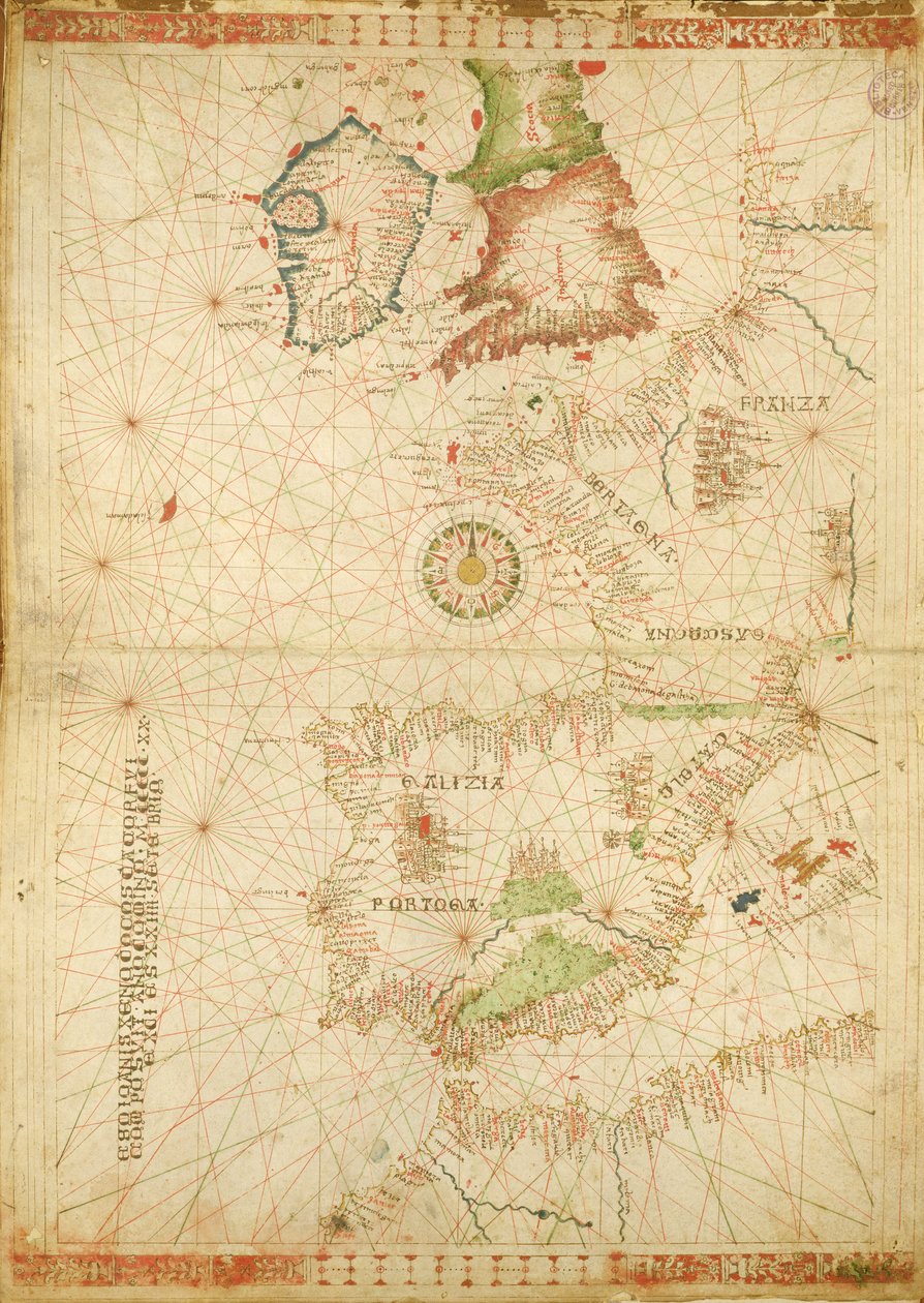 As costas atlânticas da Europa e da África, de um Atlas náutico, 1520 (tinta aveludada) (ver também 330911-330912) de Giovanni Xenodocus da Corfu