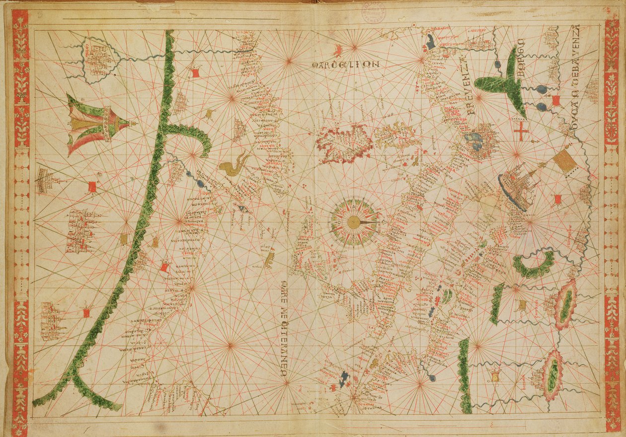 O Mediterrâneo Central, de um atlas náutico, 1520 (tinta aveludada) (ver também 330916-330918) de Giovanni Xenodocus da Corfu
