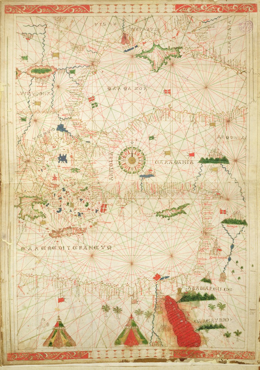 O Mediterrâneo Oriental, de um atlas náutico, 1520 (tinta aveludada) (ver também 330914) de Giovanni Xenodocus da Corfu
