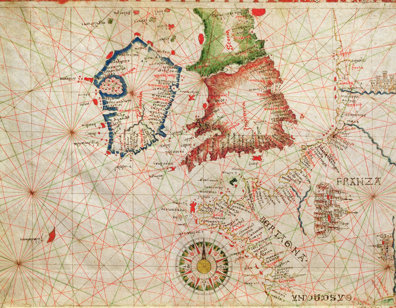 A costa francesa, Inglaterra, Escócia e Irlanda, de um atlas náutico, 1520 (tinta aveludada) (detalhe de 330910) de Giovanni Xenodocus da Corfu