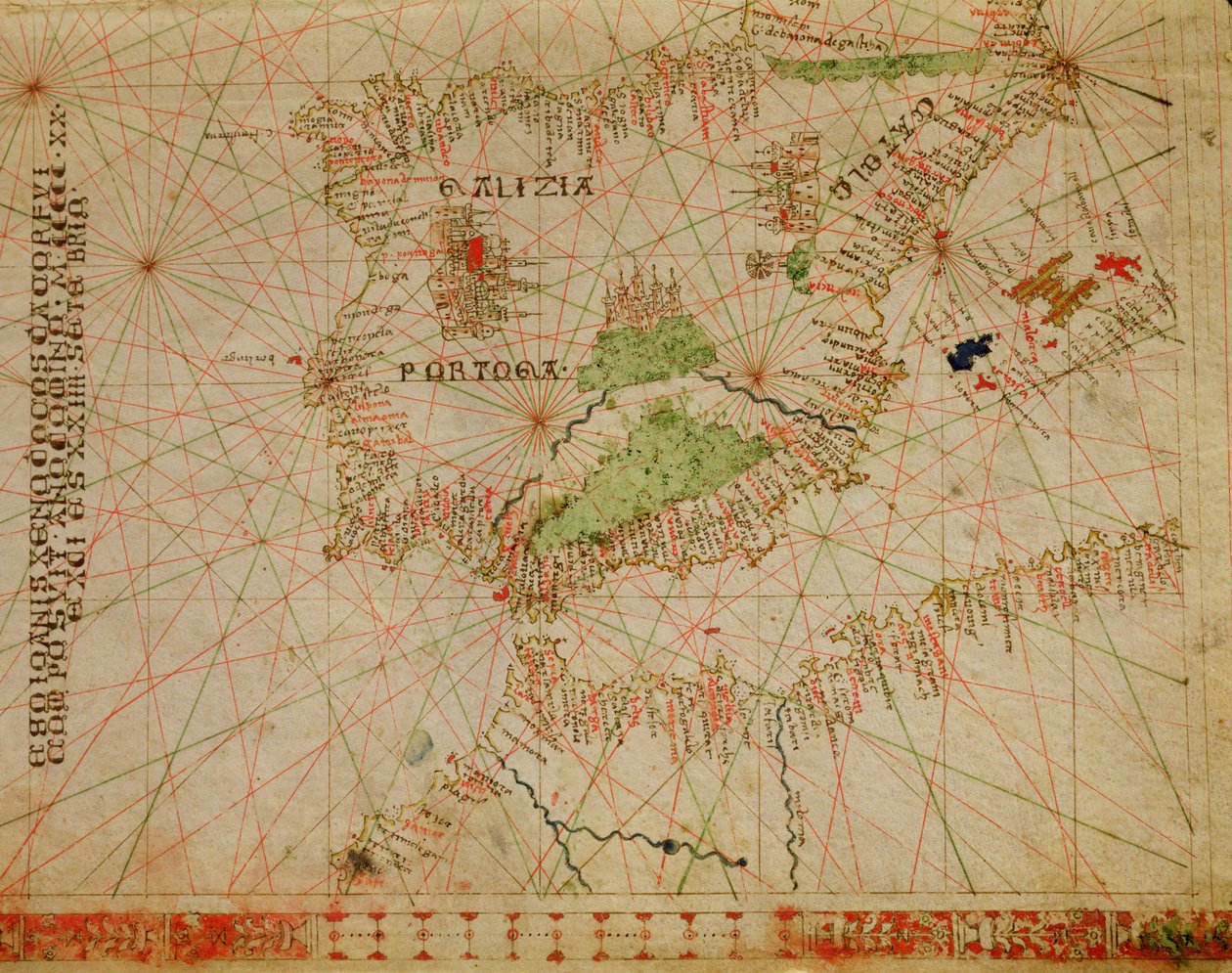 A Península Ibérica e a costa norte da África, de um atlas náutico, 1520 (tinta aveludada) (detalhe de 330910) de Giovanni Xenodocus da Corfu