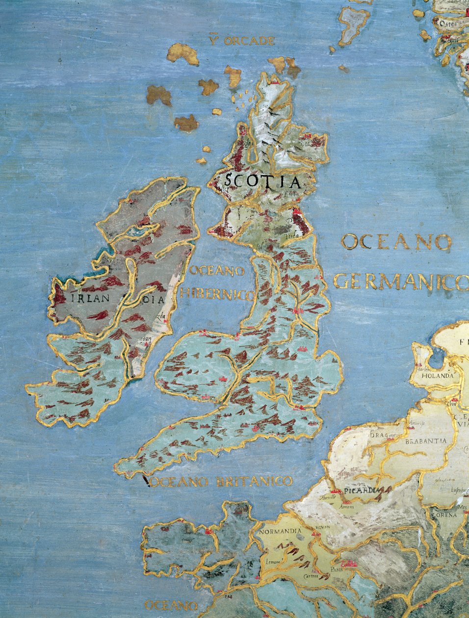 Mapa da Grã-Bretanha do século XVI e norte da França, a partir da &39;Sala del Mappamondo&39; (Hall dos mapas do mundo) c.1574-75 (detalhe de 95818) de Giovanni de Vecchi