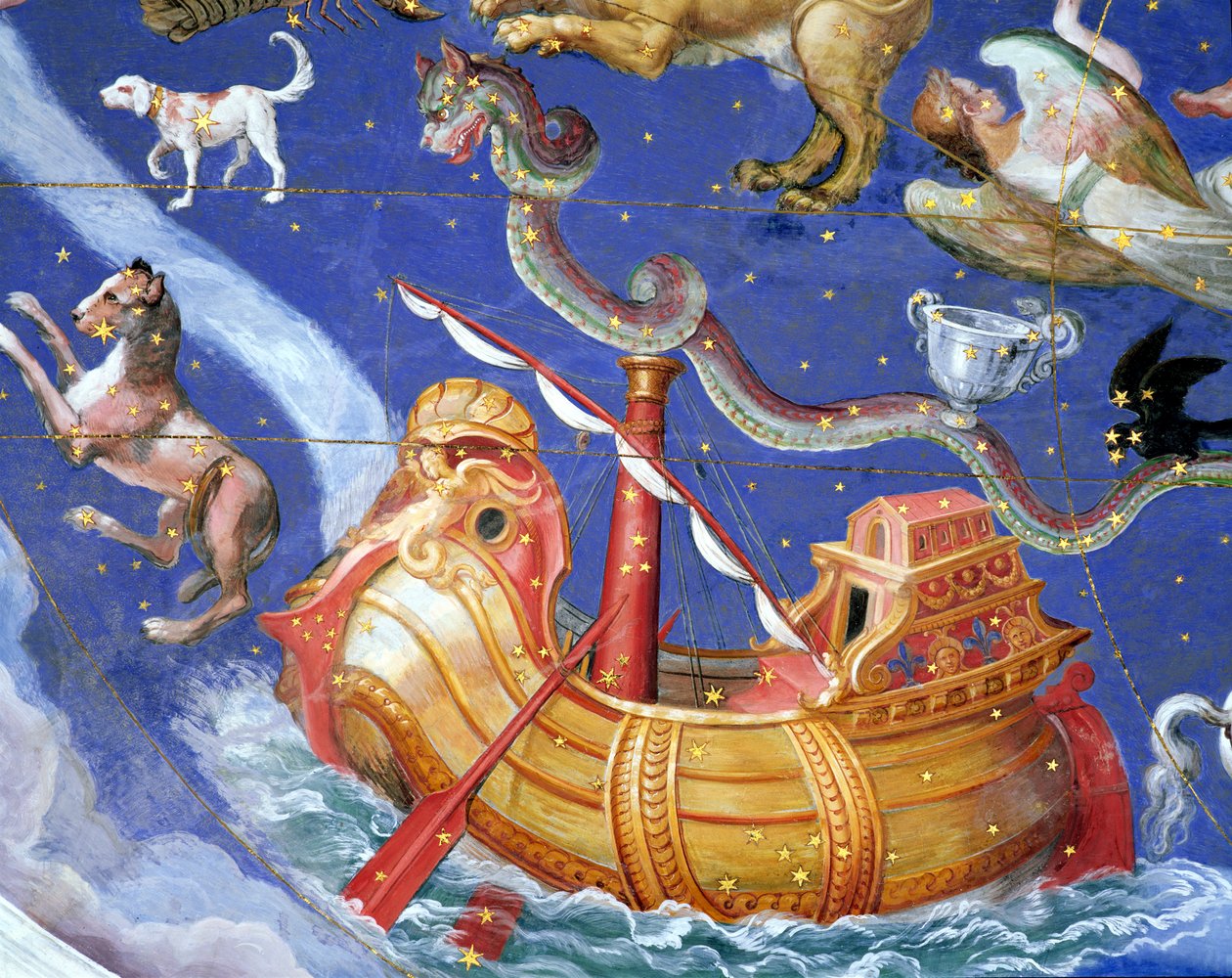 Cena do Zodíaco, incluindo um galeão, detalhe da abóbada da &39;Sala del Mappamondo&39; (Salão dos Mapas do Mundo) c.1574-5 de Giovanni de Vecchi