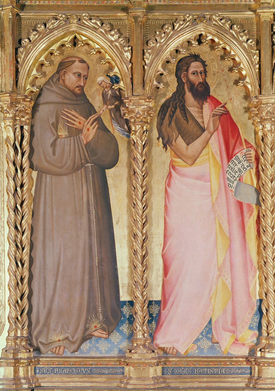 São Francisco de Assis e São João Batista, detalhe da Virgem e do Menino entronizado rodeado de santos (têmpera no painel) (ver também 438870) de Giovanni del Biondo dal Casentino