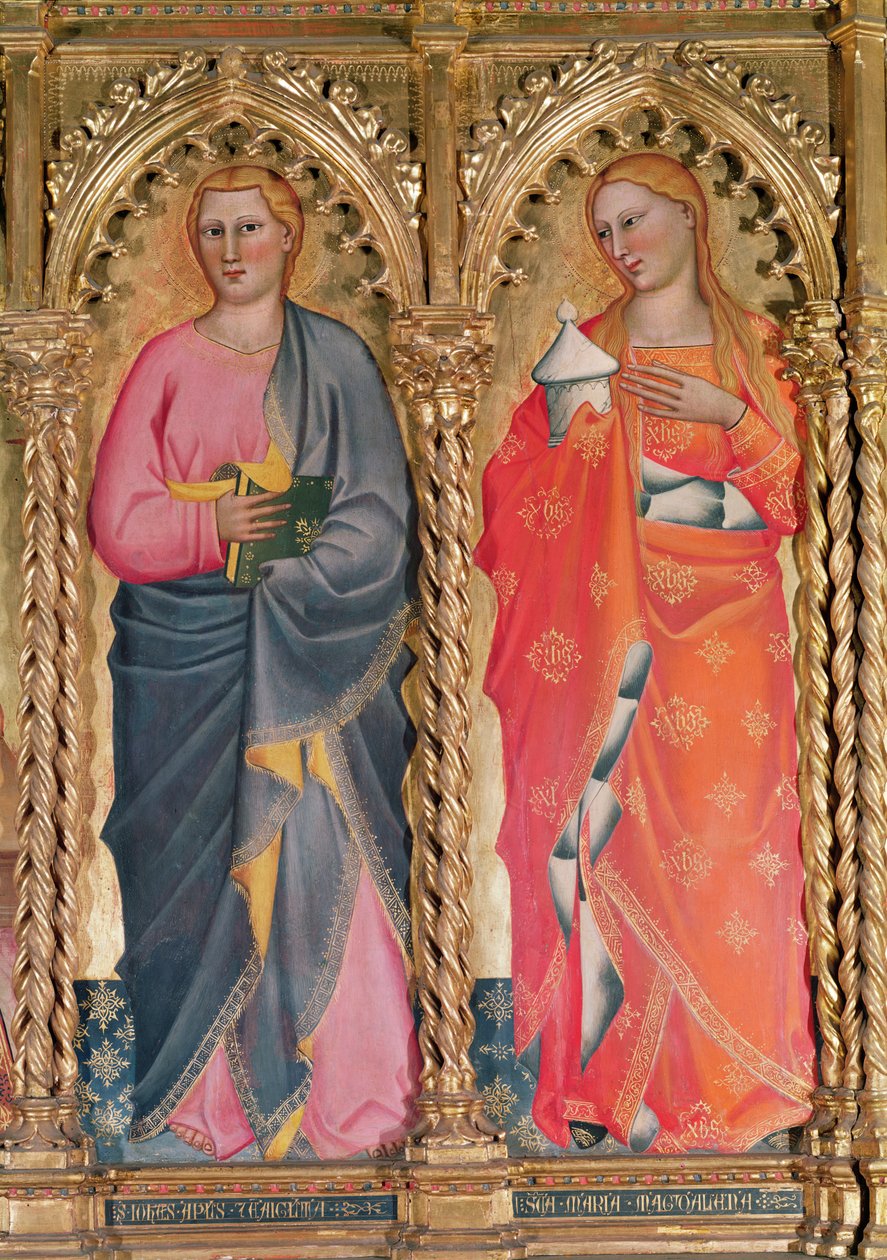 São João e Santa Maria Madalena, detalhe da Virgem e o Menino entronizado rodeado de santos (têmpera no painel) (ver também 438871) de Giovanni del Biondo dal Casentino