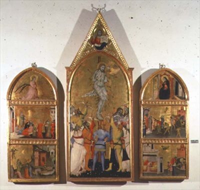 O Retábulo do Martírio de São Sebastião, painel central mostrando o martírio e painéis laterais mostrando outras cenas da vida do santo (têmpera no painel) de Giovanni di Niccolo del Biondo