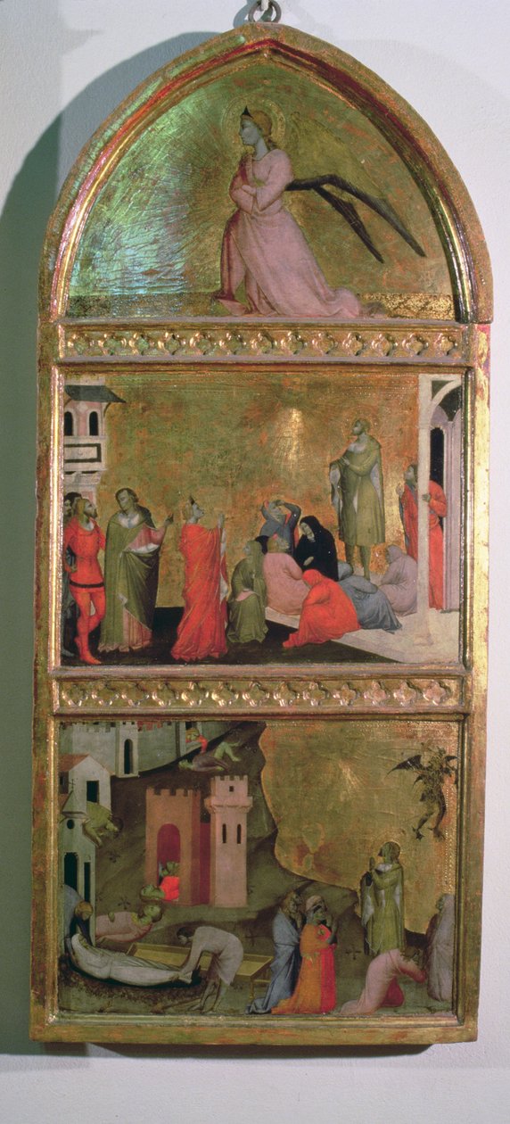 O Retábulo do Martírio de São Sebastião, painel lateral mostrando o Anjo Gabriel e cenas da vida da tempera santa no detalhe do painel de 94767 de Giovanni di Niccolo del Biondo